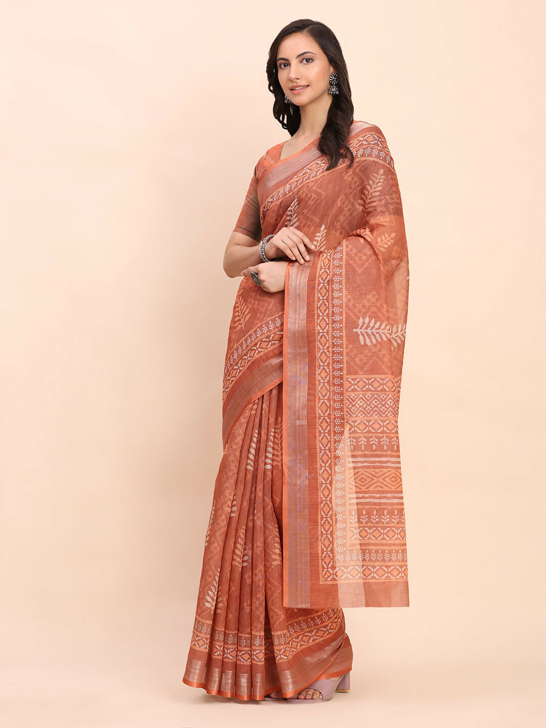 Shree Shyam Fashion Linen Cotton Rust Saree - Distacart