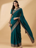Teal Silk Blend Embroidered Saree with Unstitched Blouse - Vairagi