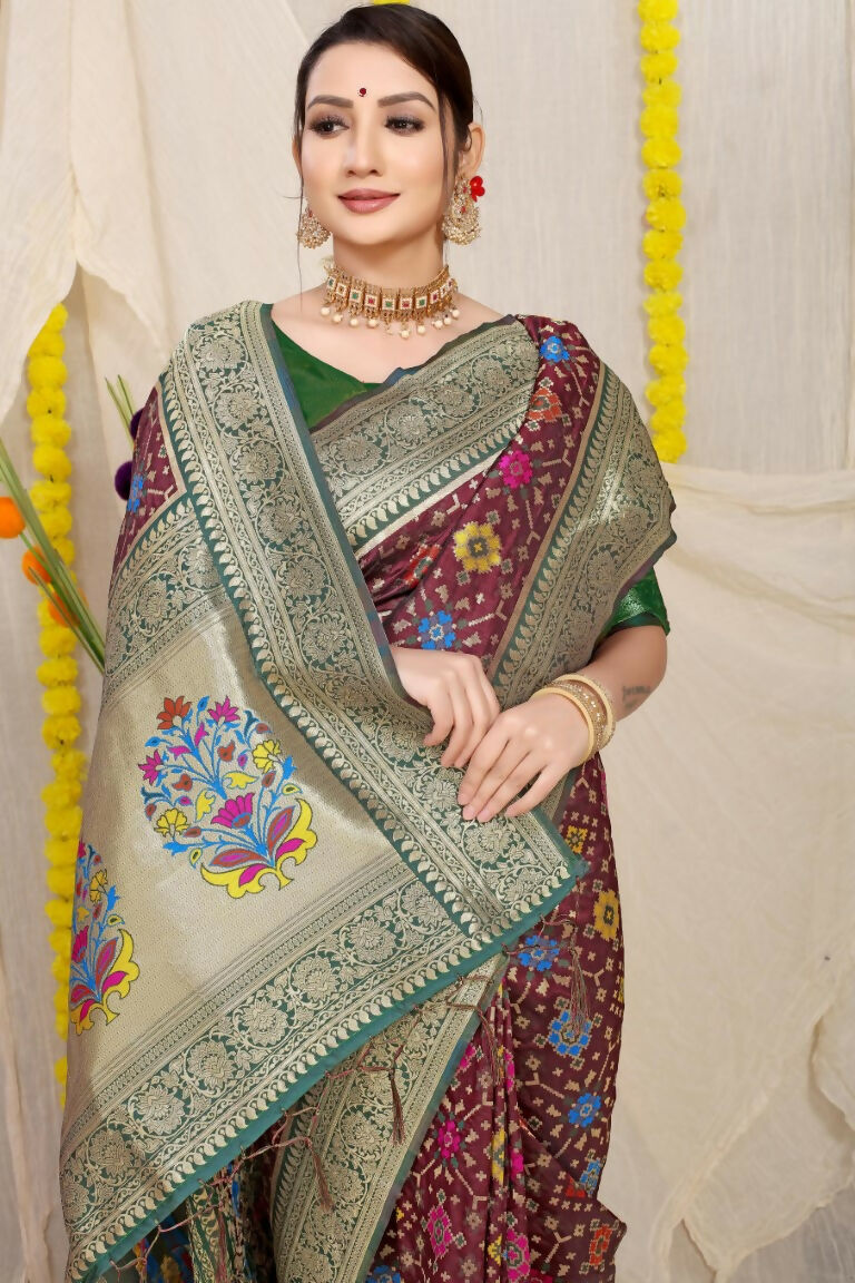 Jyoti Fashion Women's Wine Patola Silk Zari Woven Saree with Blouse - Distacart