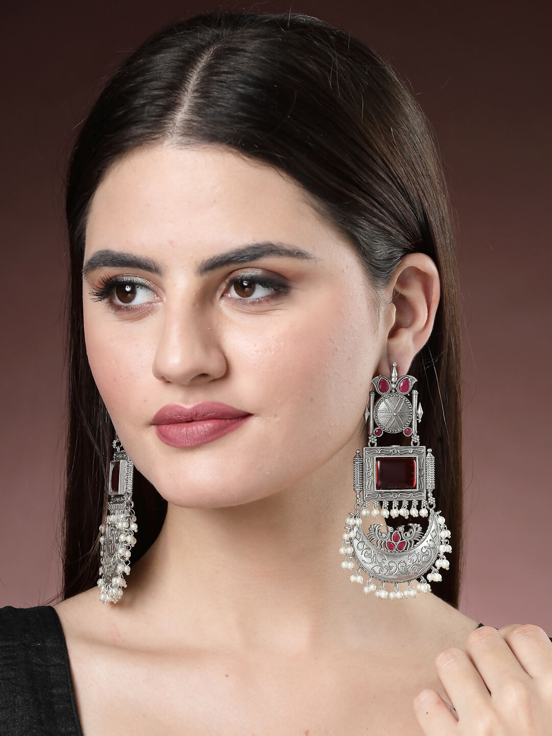 NVR Women's Silver-Plated Artificial Stones and Beads Chandbali Earrings - Distacart
