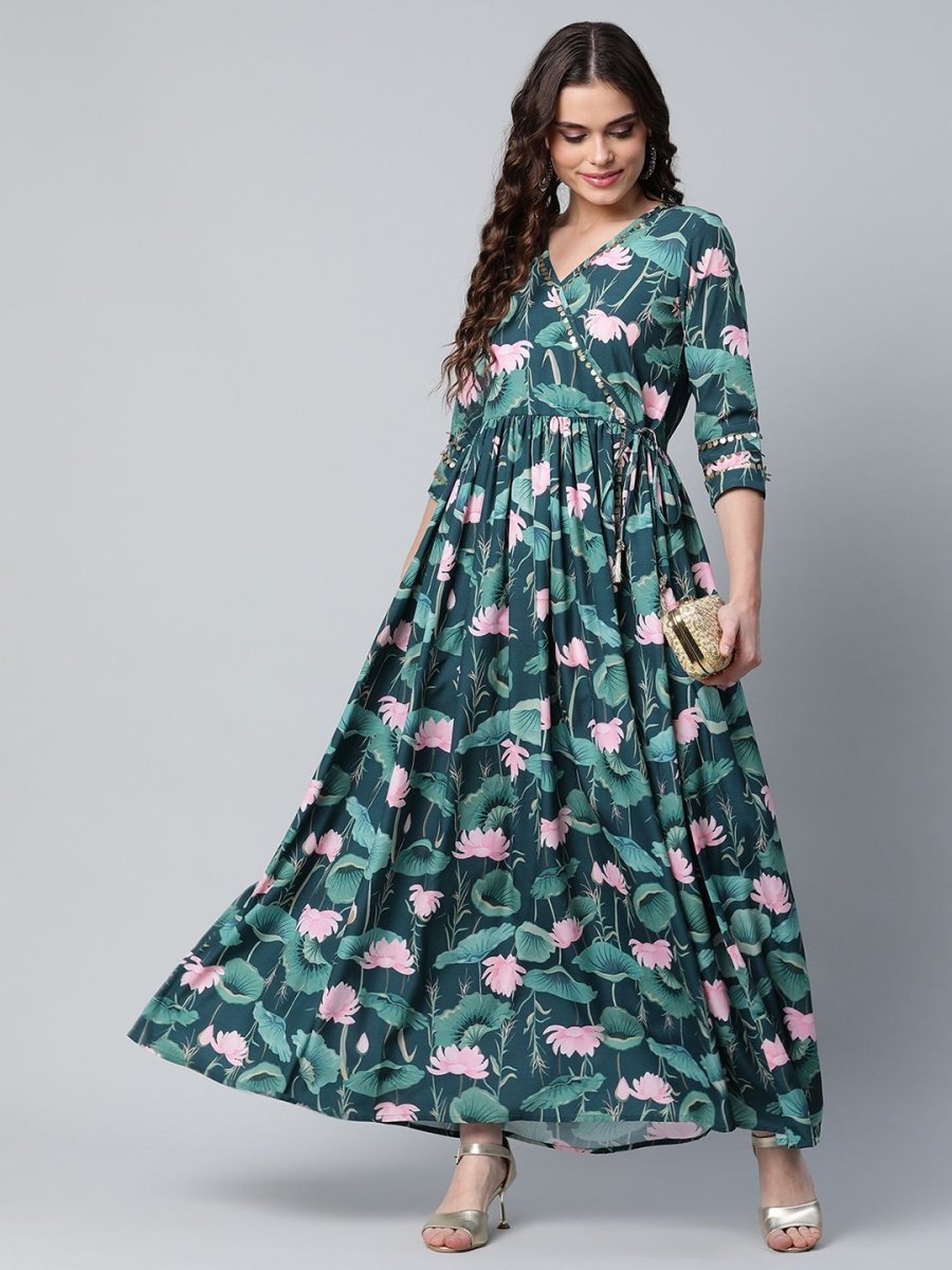 Ahalyaa Women Dark Green Crepe Digital Print Dress - Distacart