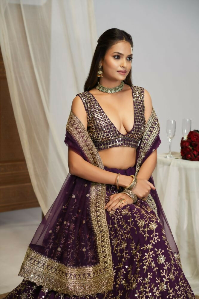 Purple Georgette Sequence Embroidery Work Lehenga Choli - Jihu Culture