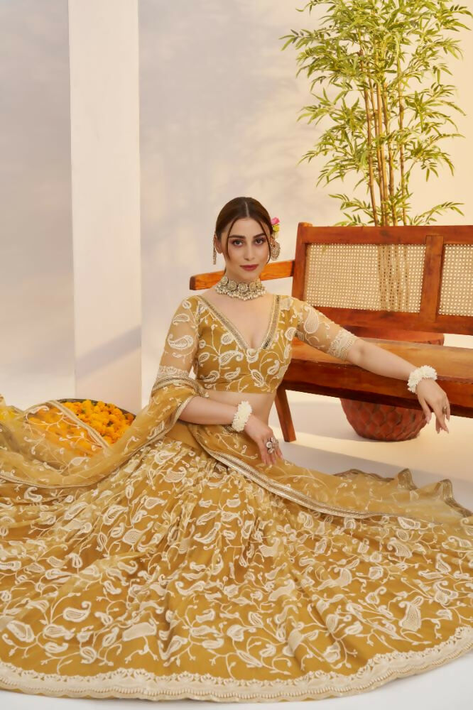 Aastha Fashion Light Golden Butterfly Net White Cotton Thread Work And Sequence Work Embroidery Wedding Wear Lehenga Choli