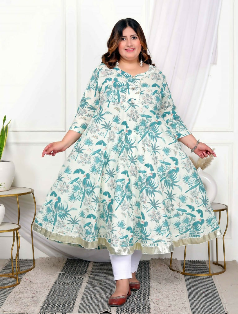 Miravan Women's Plus Size Light Green Cotton Gota Patti And Lace Border Details Birds And Leaf Floral Printed Anarkali Kurta