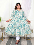 Miravan Women's Plus Size Light Green Cotton Gota Patti And Lace Border Details Birds And Leaf Floral Printed Anarkali Kurta