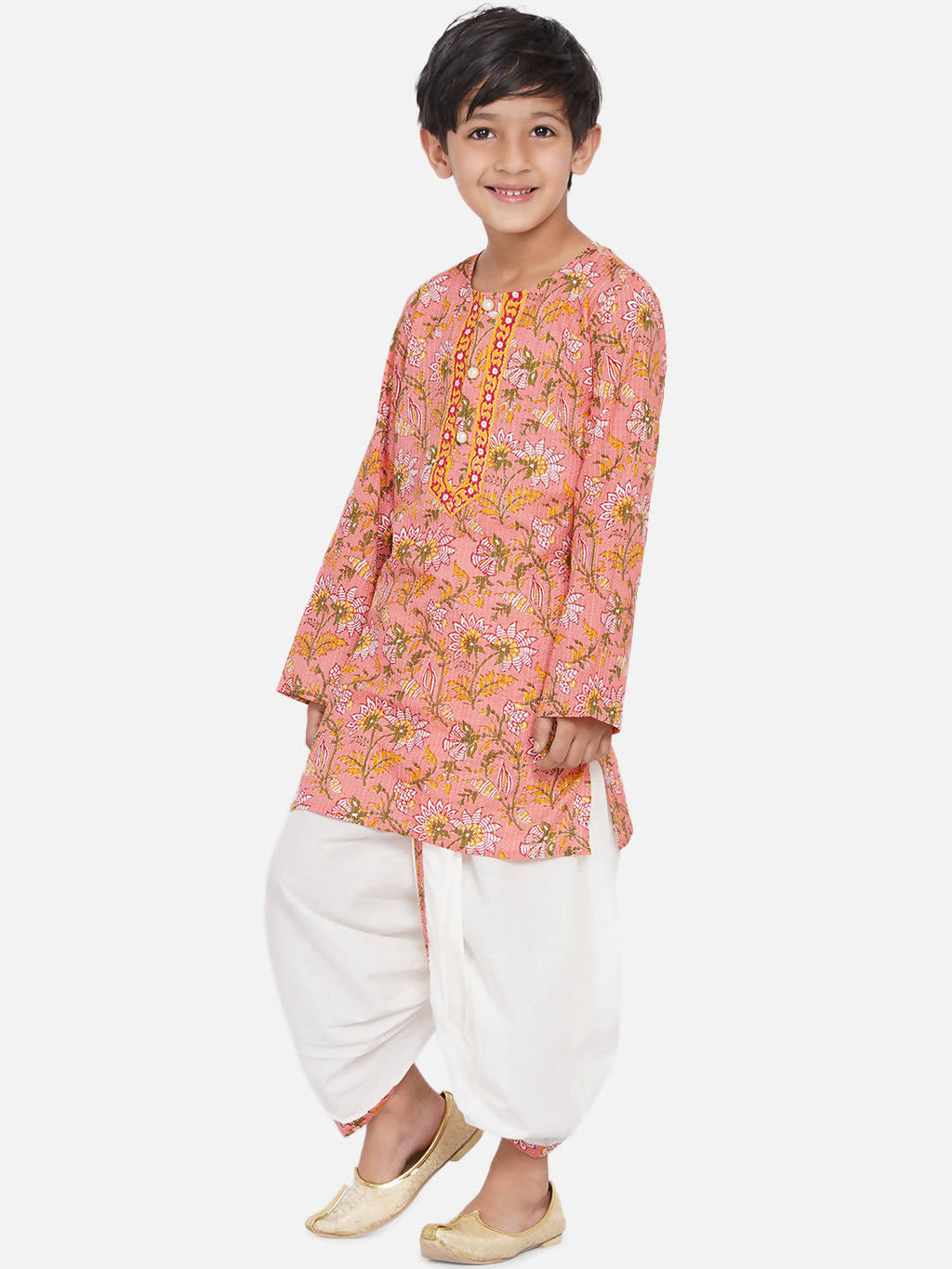 Little Bansi Boys Bengali Kantha work floral kurta & Dhoti - Pink & White