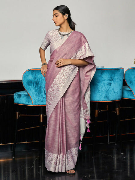 Shree Shyam Fashion Elegant Mauve Woven Linen Saree with Contrast Zari Border & Tassels - Soft & Breathable Party Wear