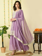 Myshka Women's Purple Georgette Kurta & Skirt With Dupatta Party Sets
