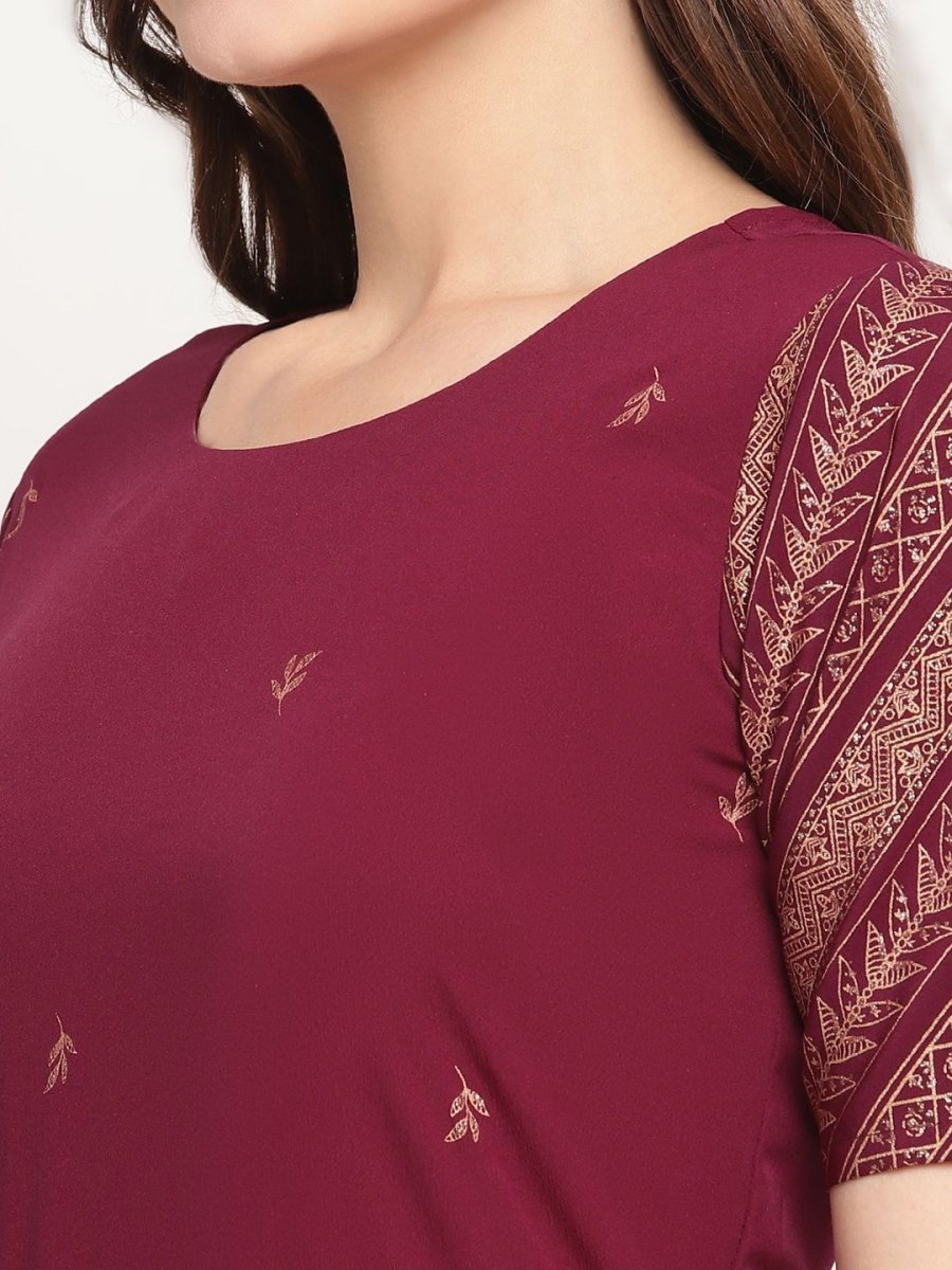 Ahalyaa Women Wine Crepe Glitter Print Dress