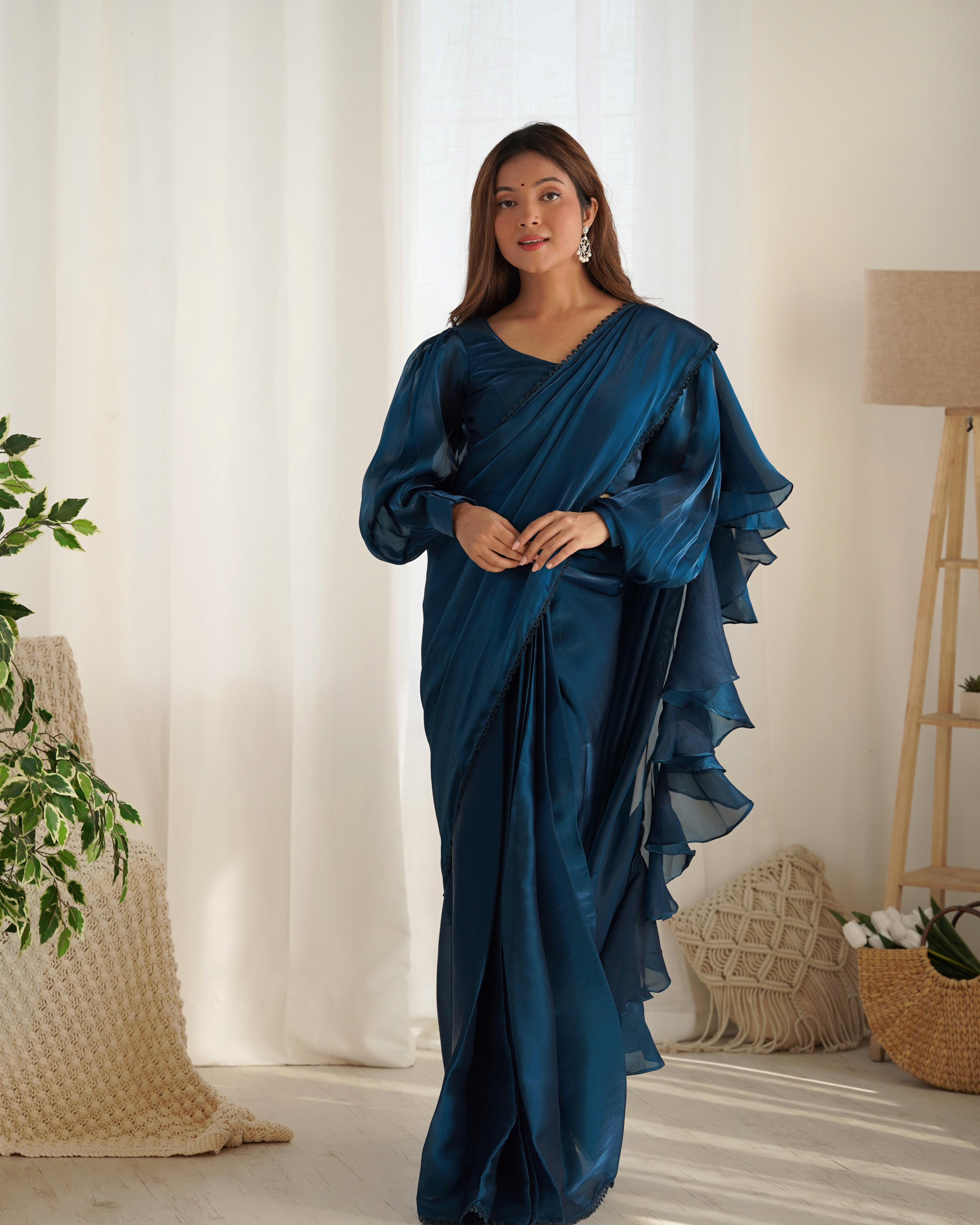 Teeya Creation Blue Color Zimichhu Silk Ready To Wear Saree - Distacart
