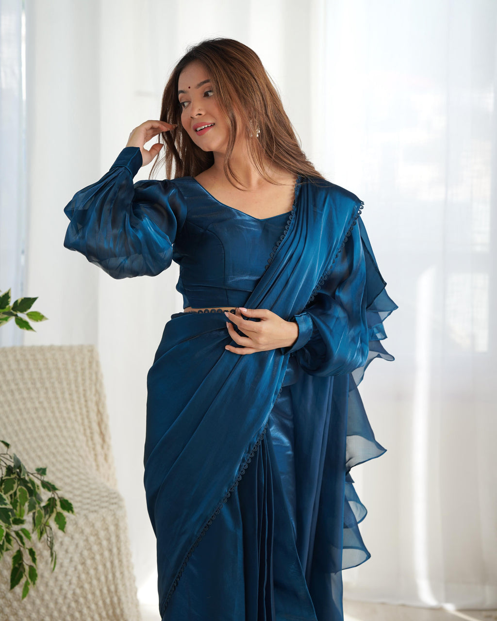 Teeya Creation Blue Color Zimichhu Silk Ready To Wear Saree - Distacart