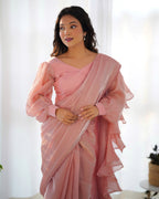 Teeya Creation Peach Color Zimichhu Silk Fully Stitched Ready To Wear Saree
