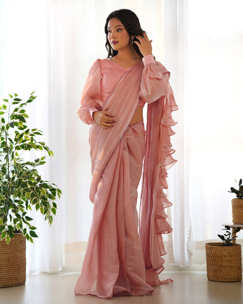 Teeya Creation Peach Color Zimichhu Silk Fully Stitched Ready To Wear Saree