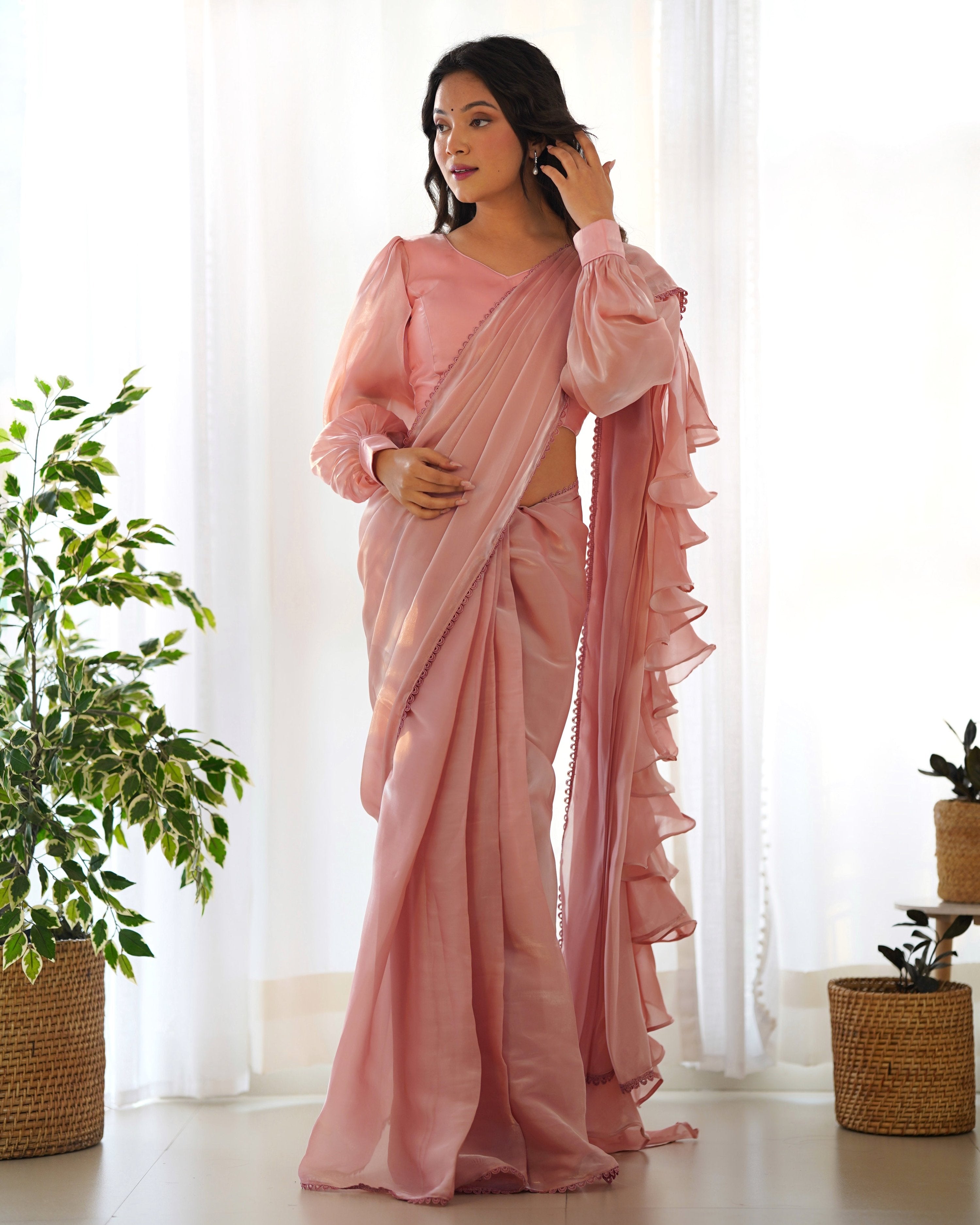 Teeya Creation Peach Color Zimichhu Silk Fully Stitched Ready To Wear Saree