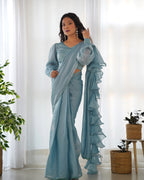 Teeya Creation Sky Color Zimichhu Silk Fully Stitched Ready To Wear Saree