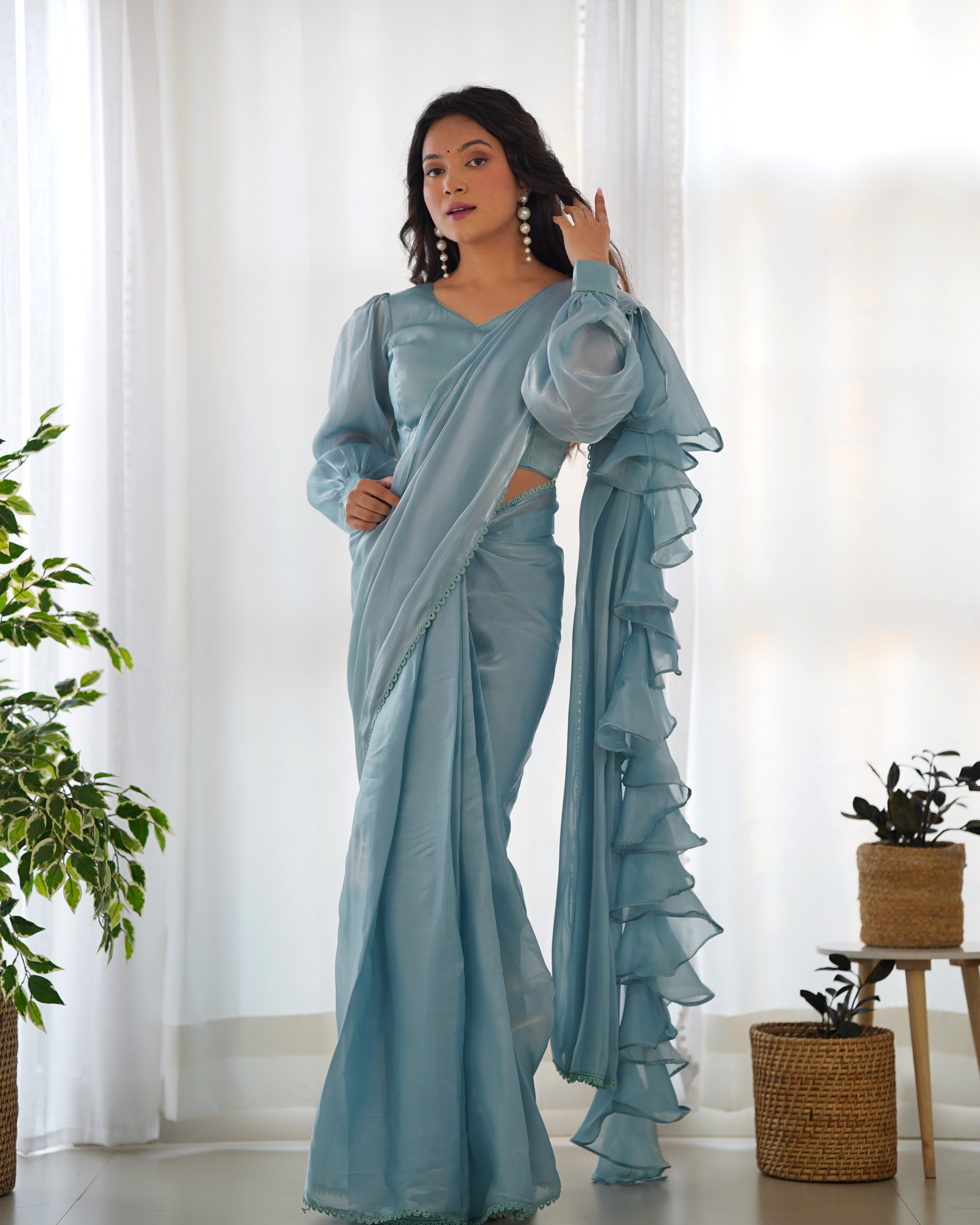 Teeya Creation Sky Color Zimichhu Silk Fully Stitched Ready To Wear Saree