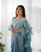 Teeya Creation Sky Color Zimichhu Silk Fully Stitched Ready To Wear Saree