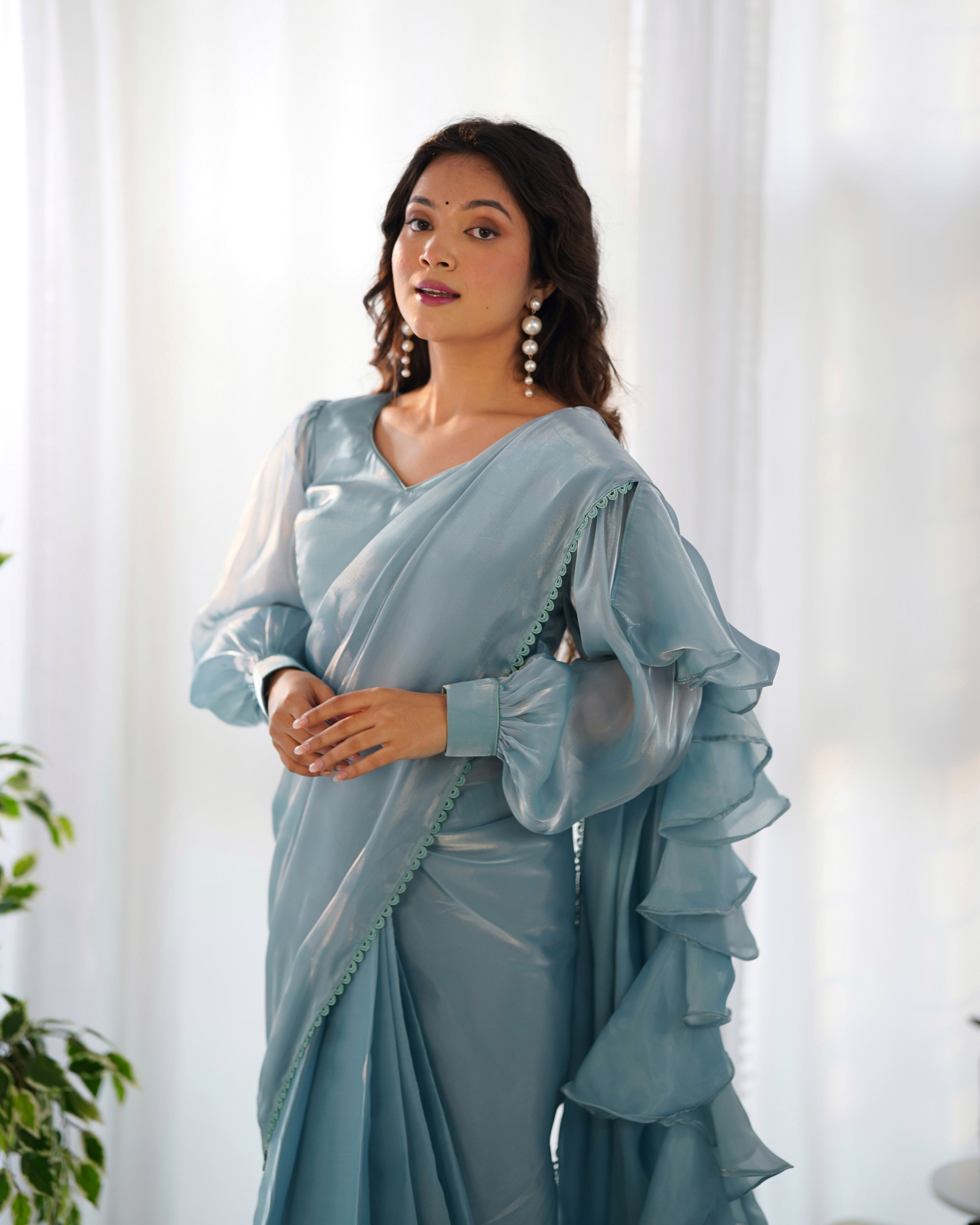 Teeya Creation Sky Color Zimichhu Silk Fully Stitched Ready To Wear Saree