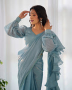 Teeya Creation Sky Color Zimichhu Silk Fully Stitched Ready To Wear Saree
