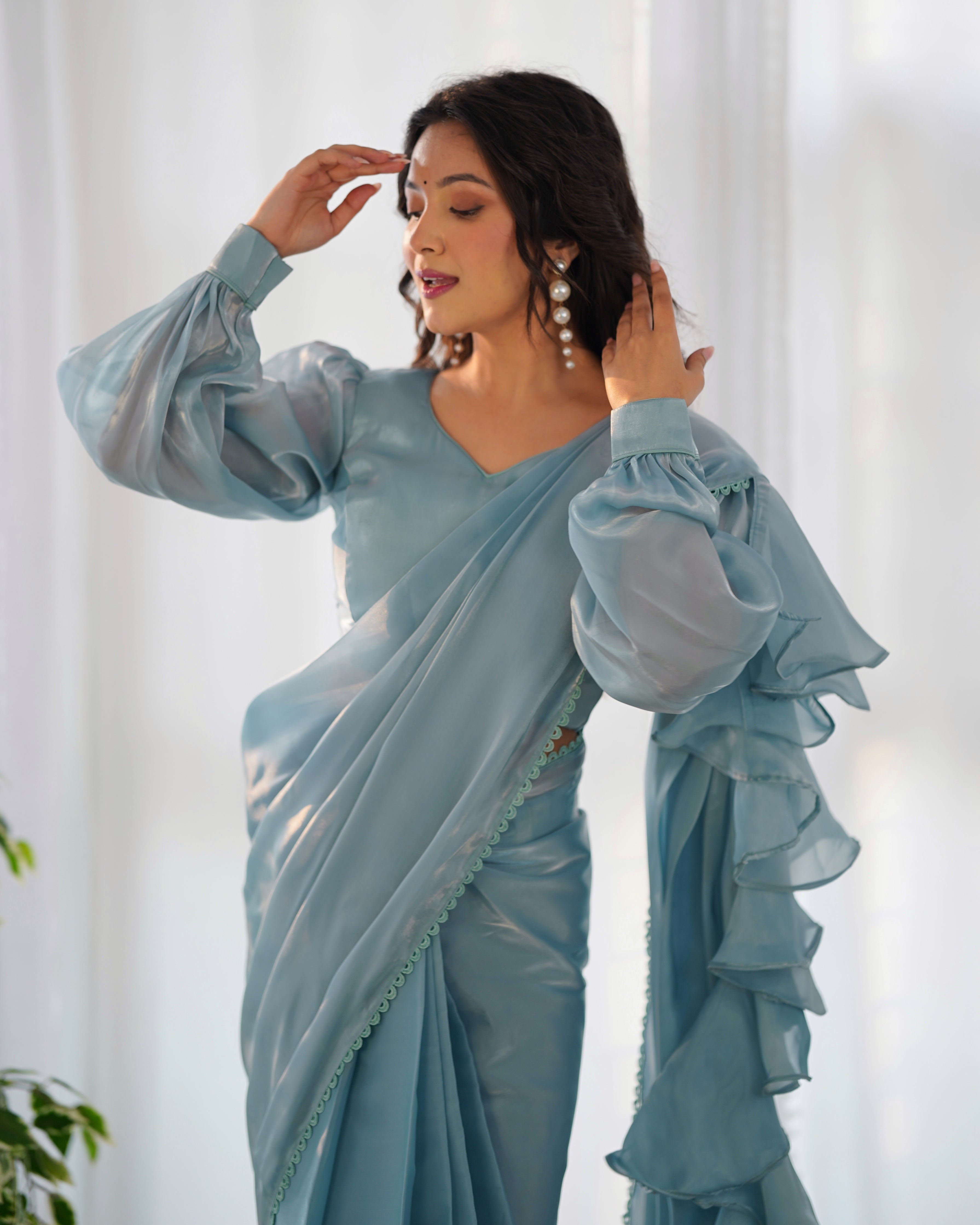 Teeya Creation Sky Color Zimichhu Silk Fully Stitched Ready To Wear Saree