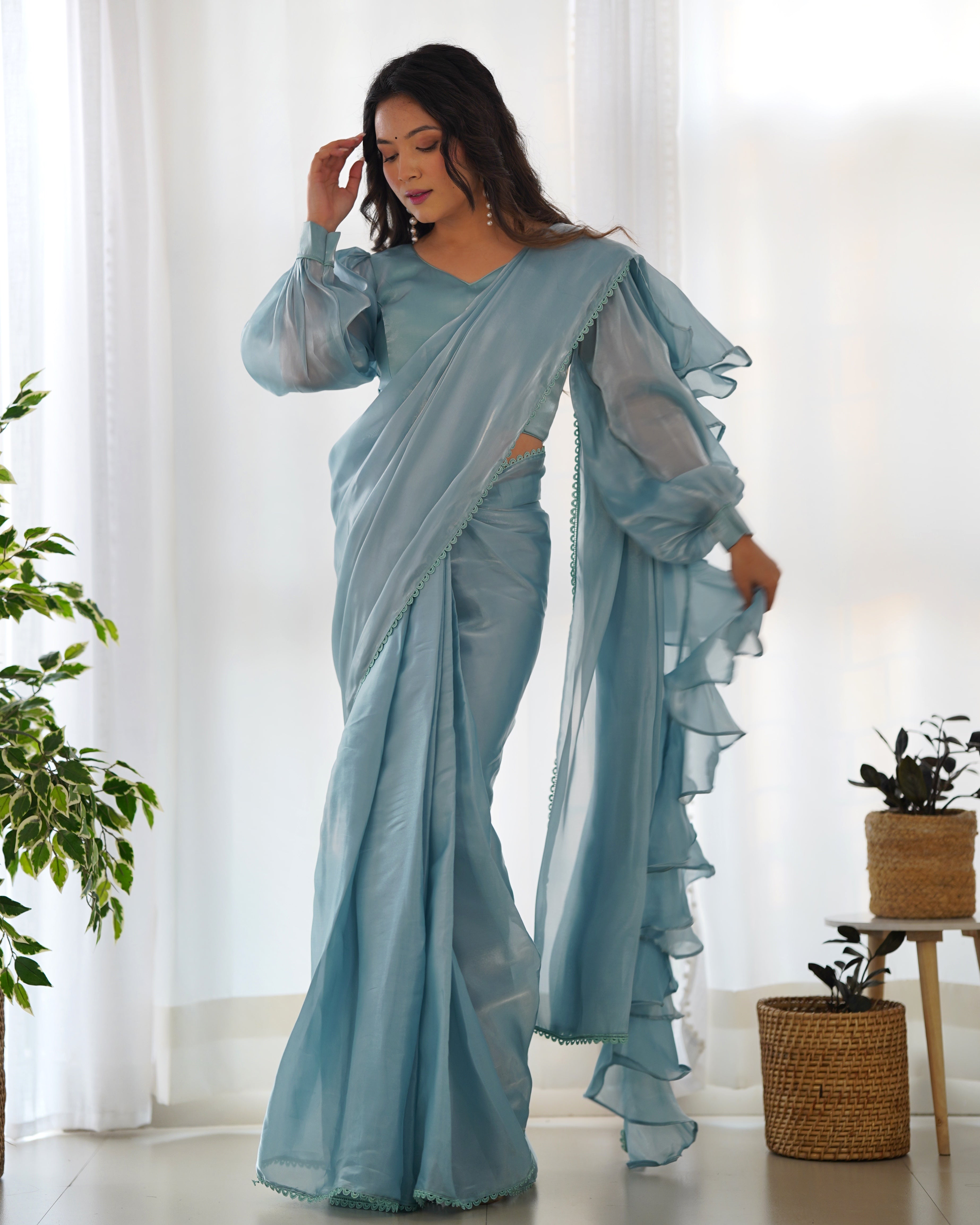 Teeya Creation Sky Color Zimichhu Silk Fully Stitched Ready To Wear Saree