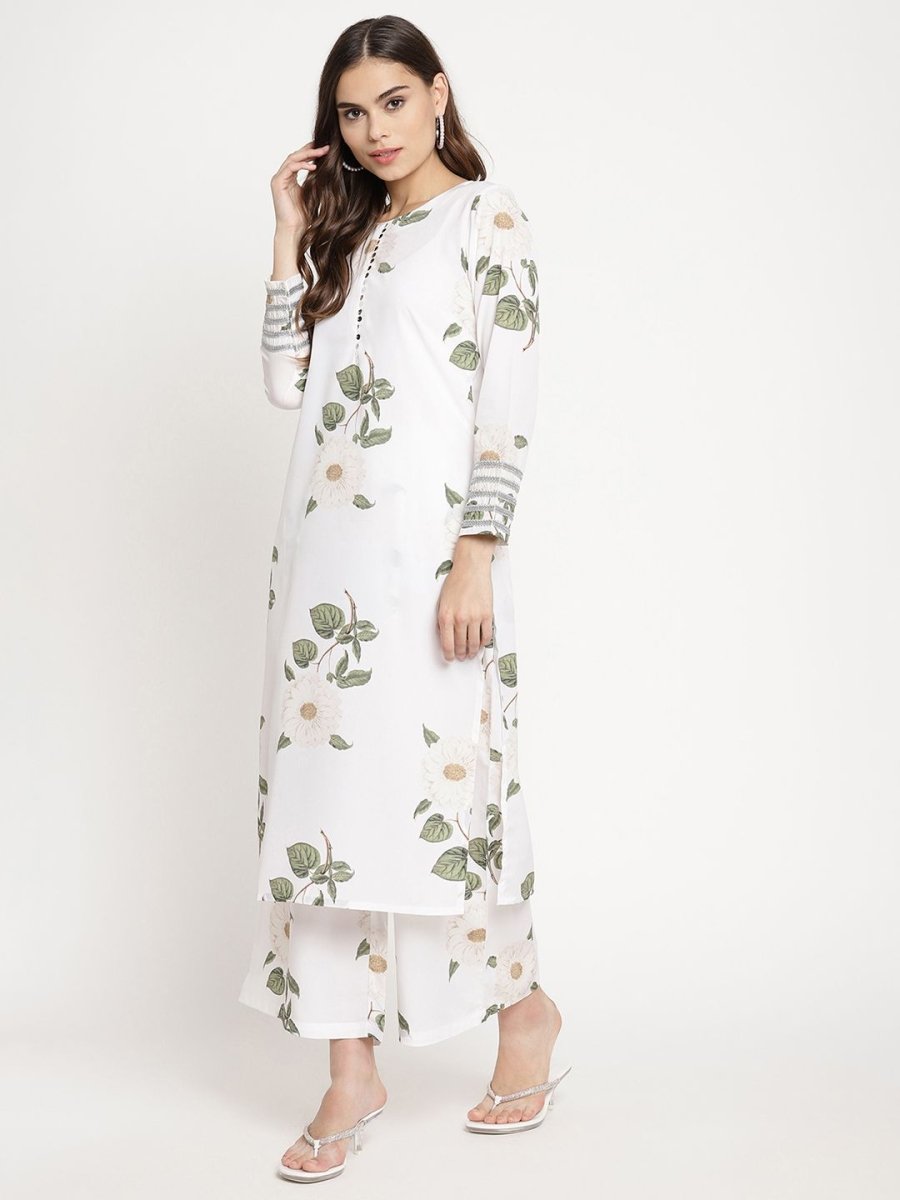 Ahalyaa Women's White Crepe Digital Print Kurta Palazzo Set With Dupatta