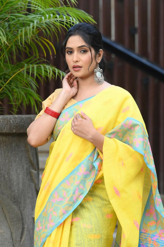 Beatitude Yellow Slub Cotton Floral Jamdani Saree