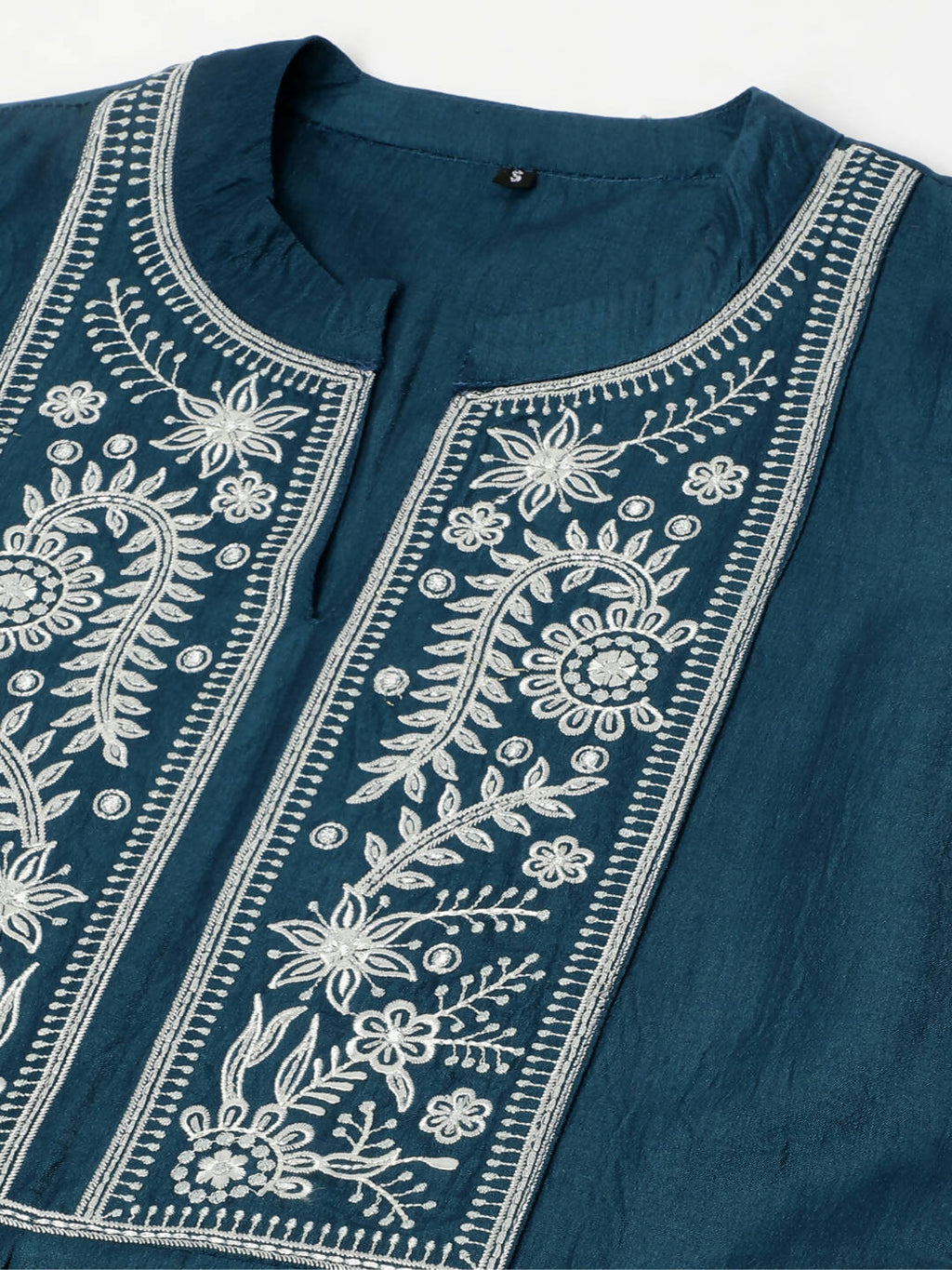 Teal Chinon Floral Embroidered Top with Bottom - Maanushi