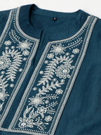 Teal Chinon Floral Embroidered Top with Bottom - Maanushi