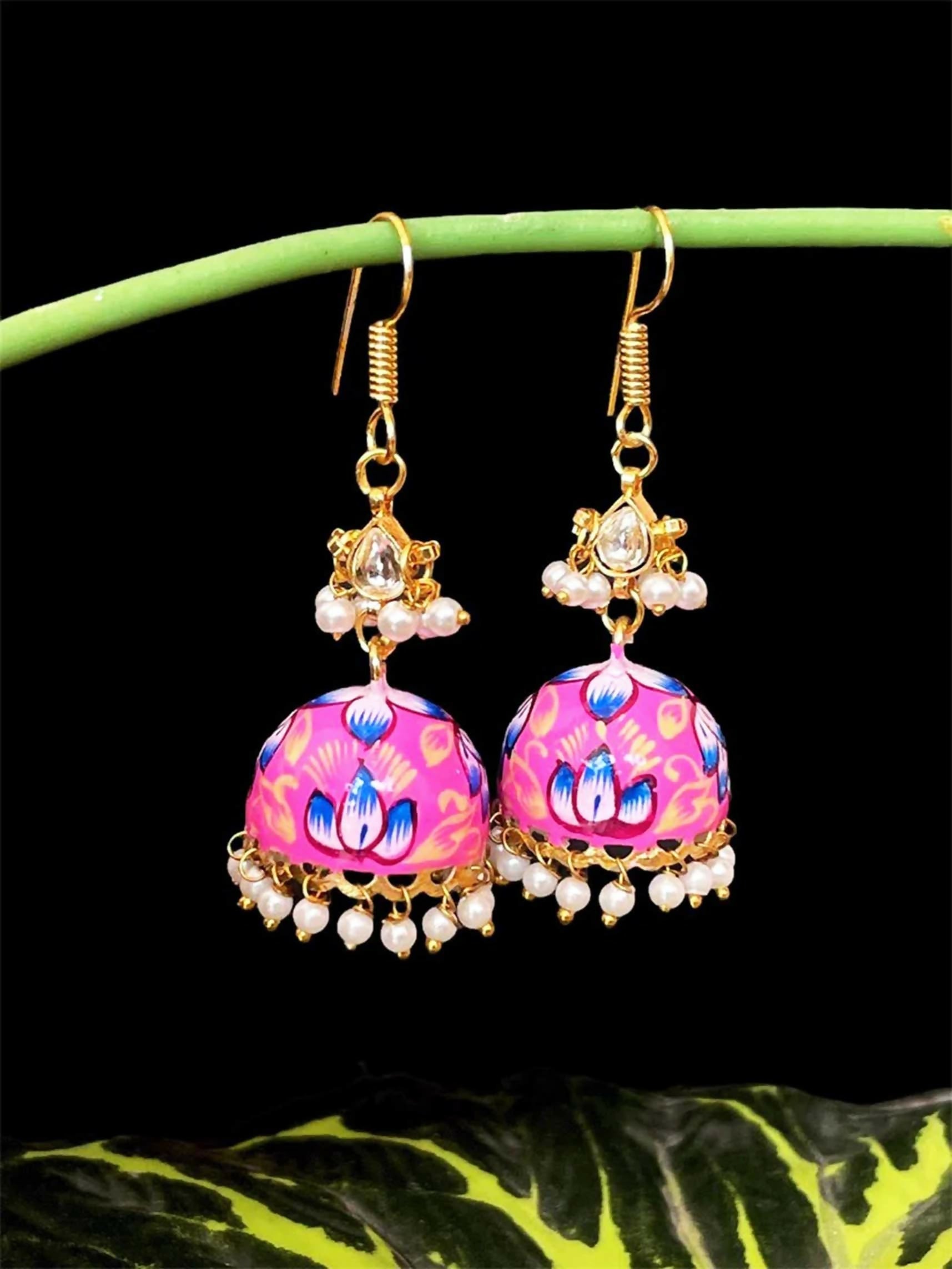Joban Fashion Pink Brass Meenakai Hand Painted Jhumka With Pachi Kundan Earring - Distacart