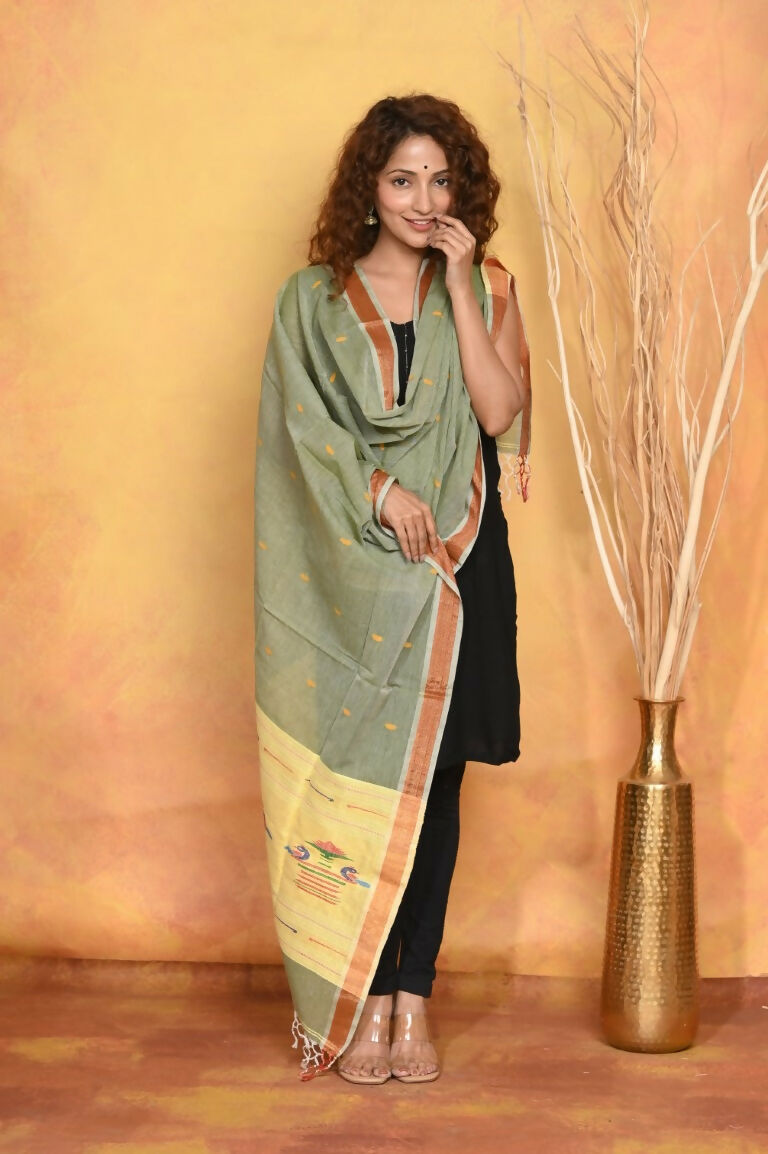 Very Much Indian Handloom Pure Cotton Paithani Dupatta - Green