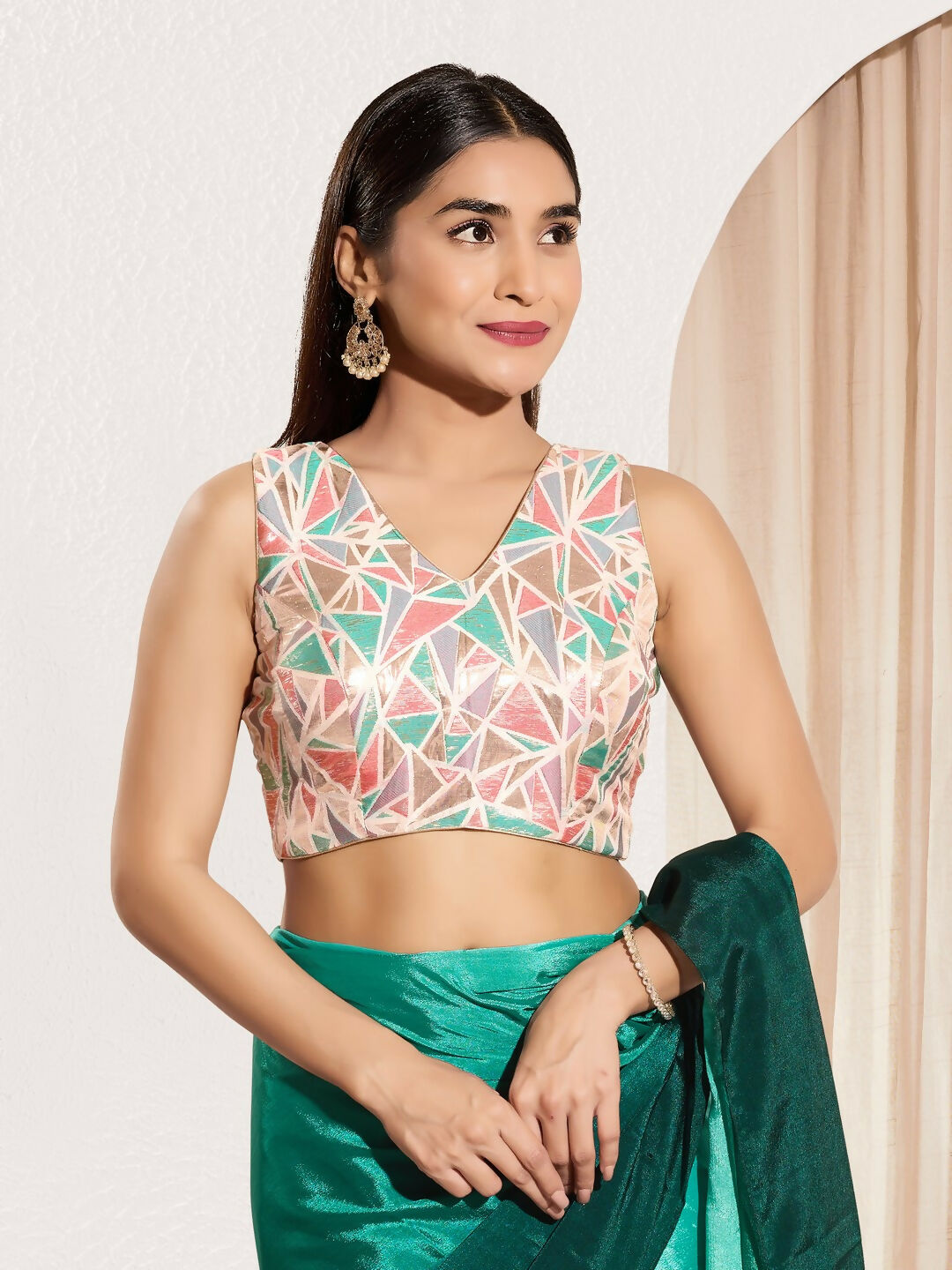 Joban Fashion Pink Jacquard Padded Blouse With V Neck Sleeveless - Distacart