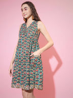 Myshka Women's Green Floral Printed A-Line Dress - Distacart