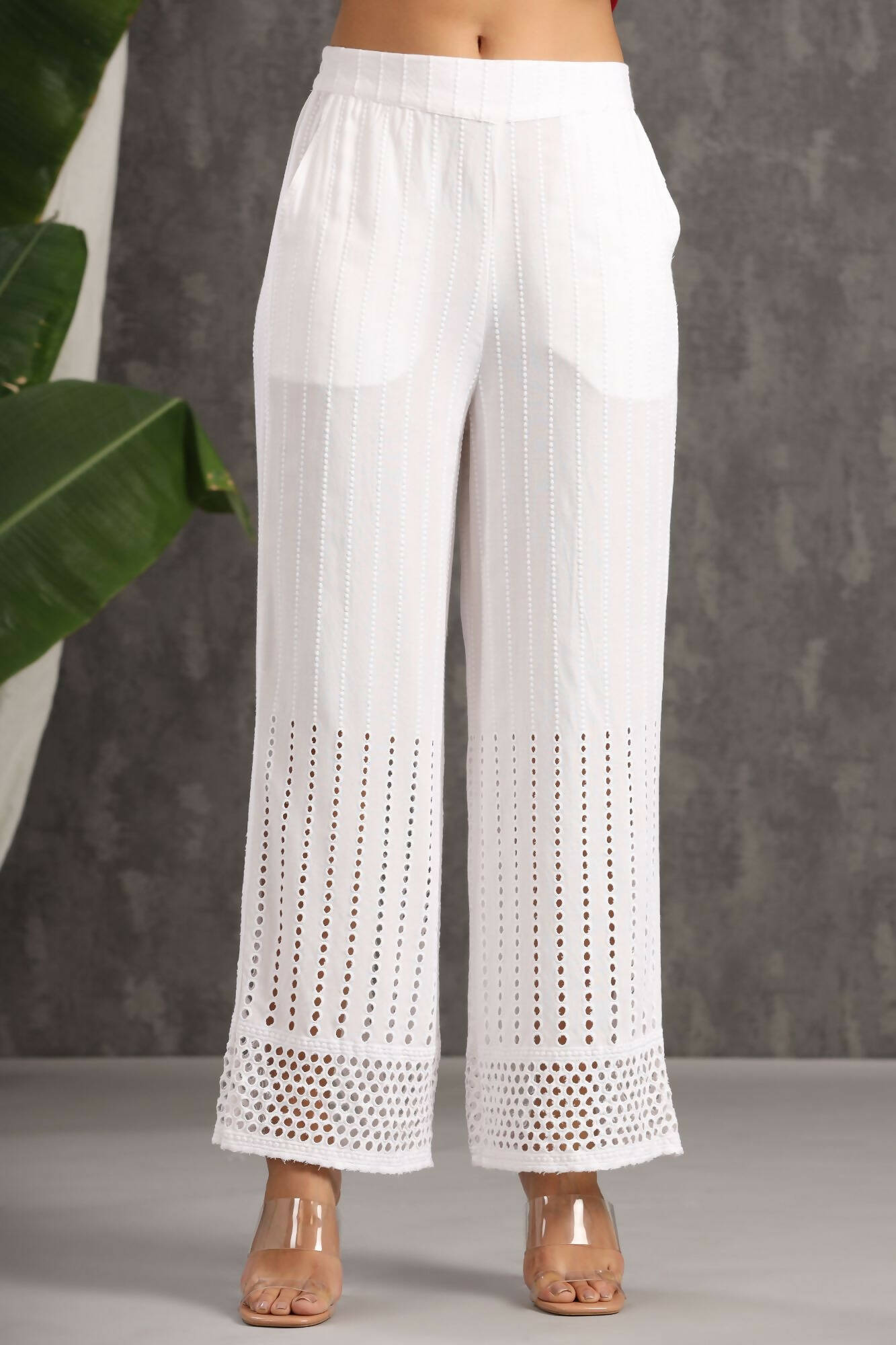Juniper Women White Rayon Woven Design Flared Palazzo