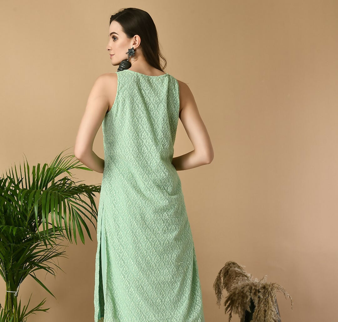 Myshka Women's Green Georgette Sleeveless Straight Party Kurta