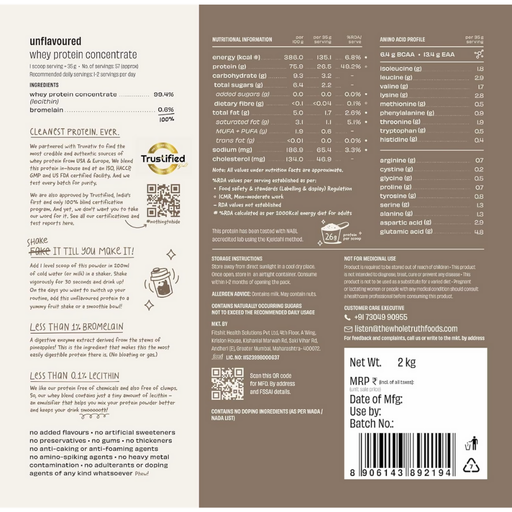The Whole Truth Whey Protein Concentrate Unflavoured - Distacart