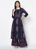 Aniyah Rayon Navy Blue Color Block Print A-line Flared Long Kurta Palazzo Set with Two Front Slits (AN-214K)