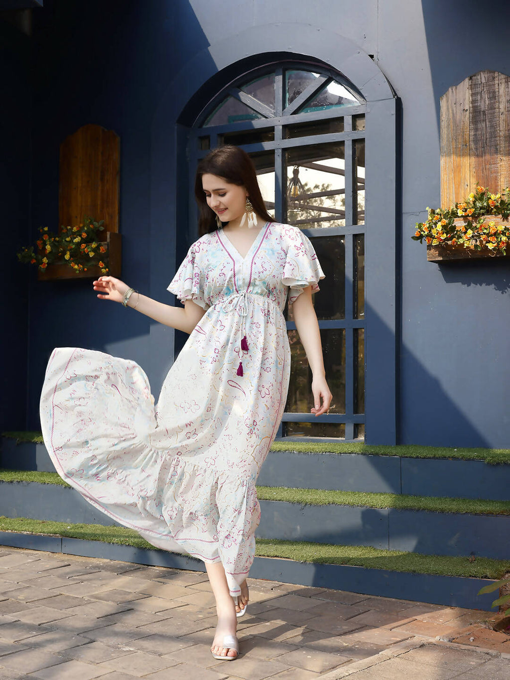 Off white Rayon Foil Printed Long Dress - Michan - Distacart