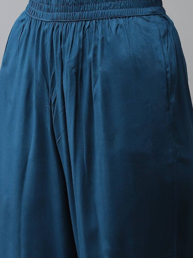 Yufta Women Blue Embroidered Thread Work Kurta with Palazzo & With Dupatta