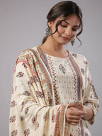 Juniper Women's Beige Cambric Floral Placement Printed Straight Fit Kurta Sets - Distacart