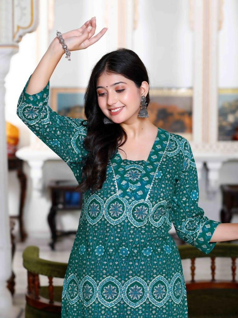 Miravan Women's Cotton Green Floral Printed Straight Pakistani Style Kurta And Palazzo Set