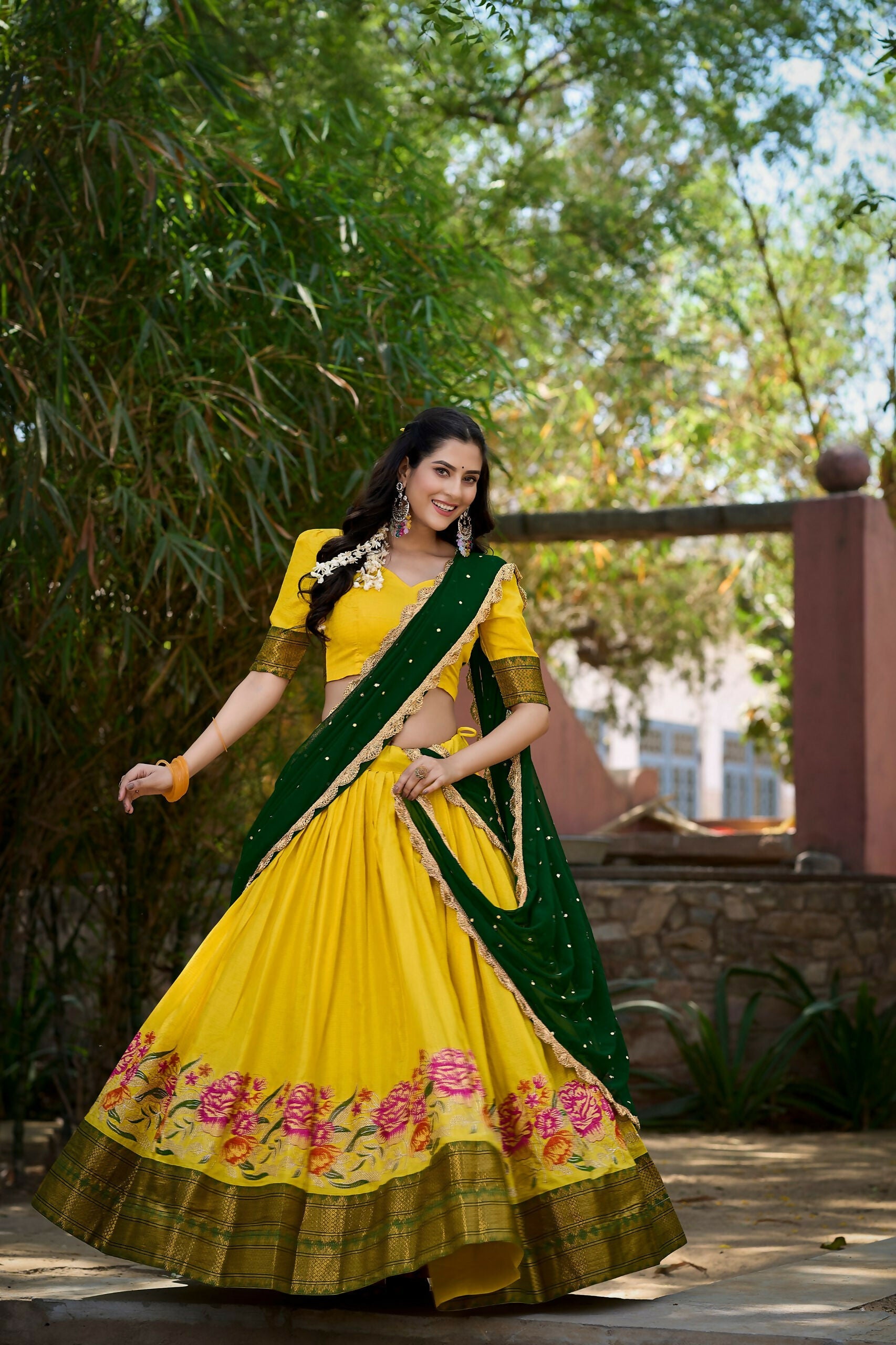 Vastranavya Stunning Cotton Silk Thread Embroidery Work Lehenga Choli - Yellow