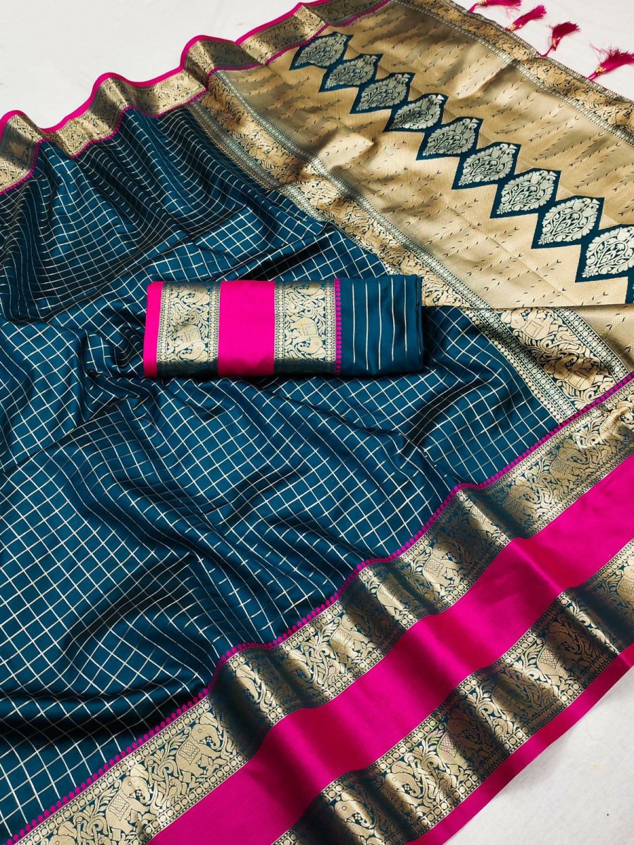 Arfa Fashion House Blue Soft Silk Chex Design All Over The Saree Saree