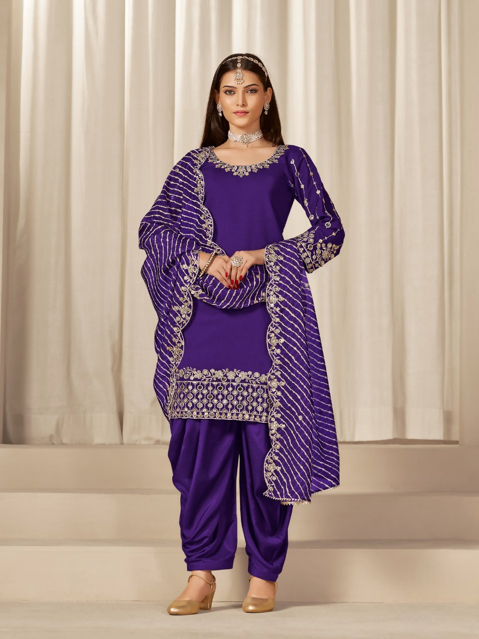 Anaita Purple Roman Silk Stitched Suit with Embroidery & Real Mirror Work - Distacart