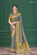Grey Tussar Silk Jacquard Abstract Digital Print Saree with Unstitched Blouse - Mohira