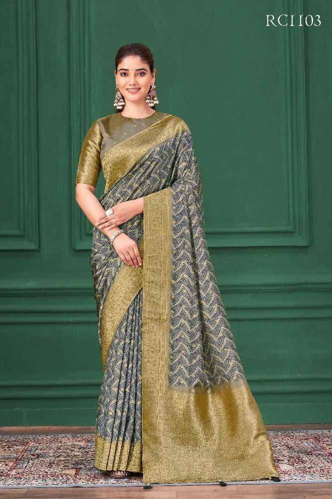 Grey Tussar Silk Jacquard Abstract Digital Print Saree with Unstitched Blouse - Mohira