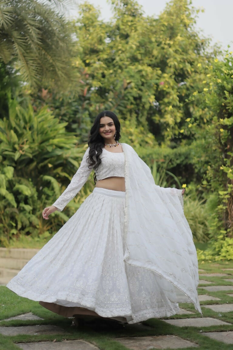 Vastranavya Faux Georgette With Sequins & Thread Embroidered Work Lehenga Choli - White