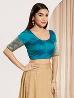 Joban Fashion Fire Blue Taffeta Silk Padded Blouse With Round Neck Elbow Sleeves - Distacart