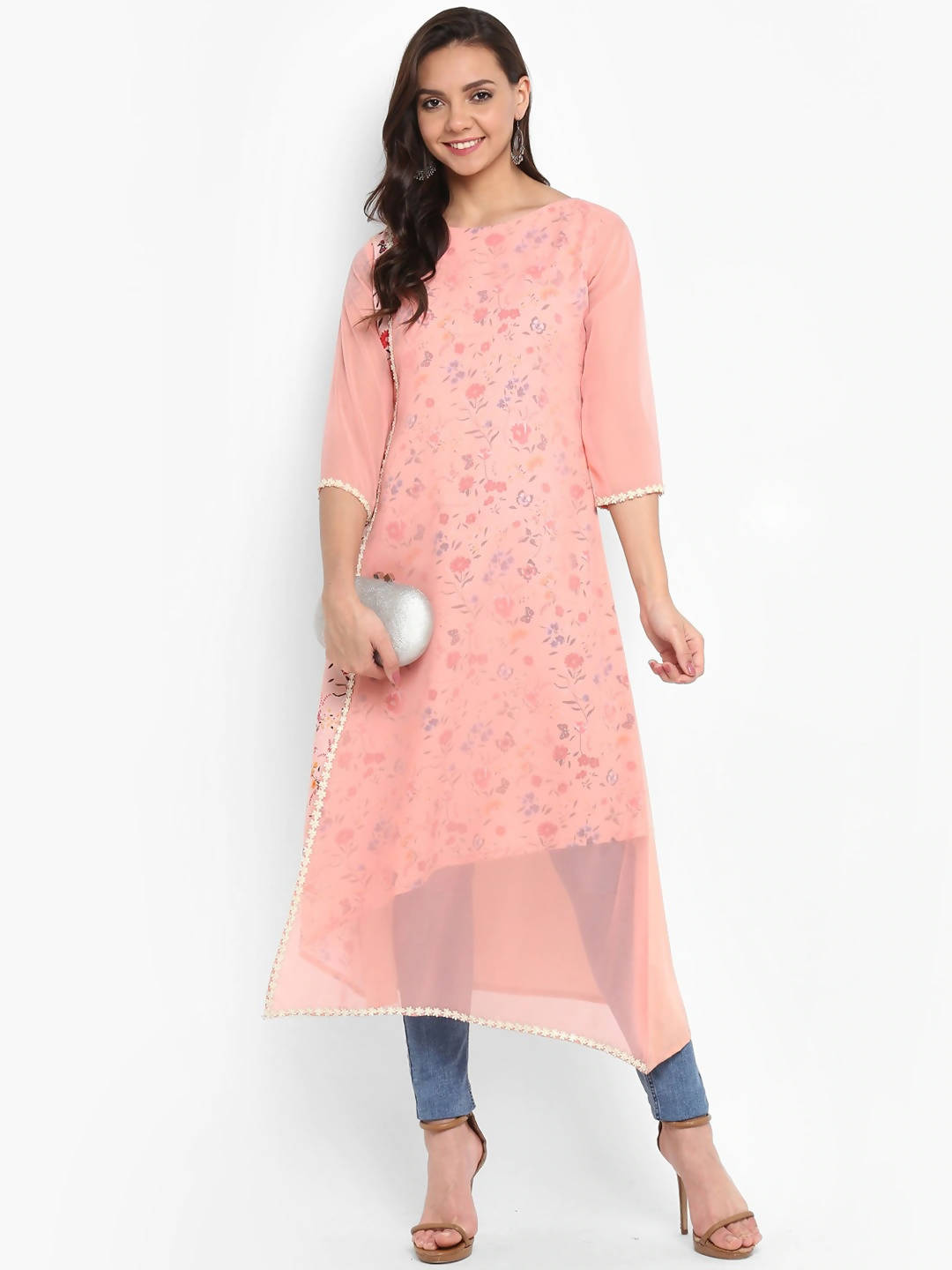 Janasya Pink Floral Print A-Line Kurta - Distacart