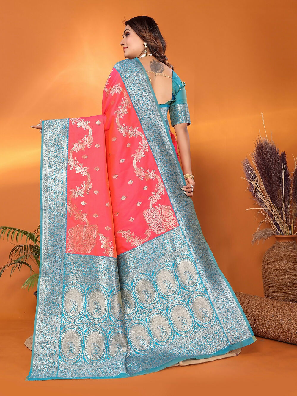 Joban Fashion Banarasi Tomato Red Woven Soft Silk Saree - Distacart